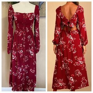 NWOT Lulus Total Perfection Burgundy Floral Print Tie-Back Midi Dress